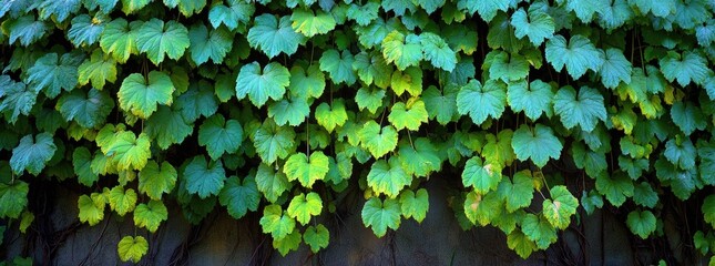 Dense greenery of heart-shaped leaves cascading down a wall