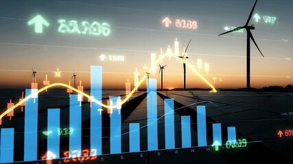 Digital Financial Data and Bar Charts Overlaying a Renewable Energy Landscape with Wind Turbines and Solar Panels at Sunset - Powered by Adobe