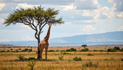 Elegant Giraffe Grazing Under Acacia Tree in Vast Golden Savannah Landscape with Blue Sky and Puffy Clouds