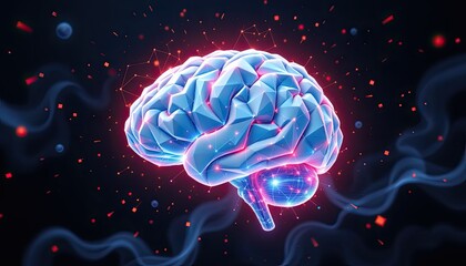 Obraz premium Futuristic 3D Illustration of a Brain Surrounded by Vibrant Particles and Light Effects in a Dark Background