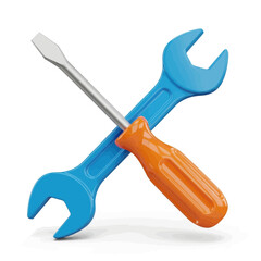 Close-up of a blue wrench and an orange screwdriver crossed, representing repair and maintenance.