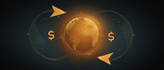 Professional infographic showing cross-border payment flow with arrows connecting two globe icons and currency symbols, perfect for international finance and global trade education materials