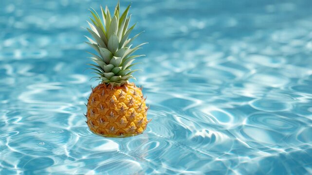 Summer pool scene with fresh pineapple floating clear blue water, creating fun tropical atmosphere and refreshing vibe with sunlight reflecting water