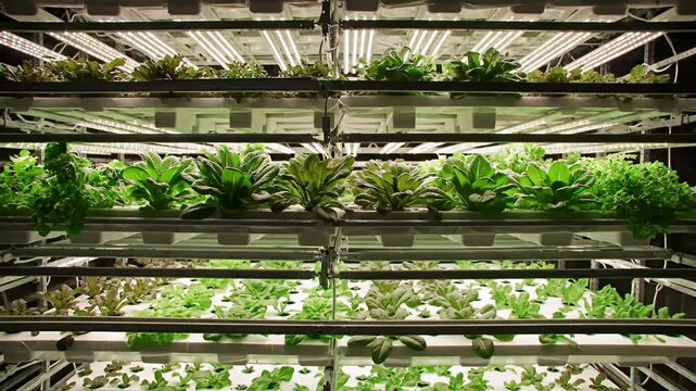Vertical farm with multiple shelves of leafy greens under artificial lights