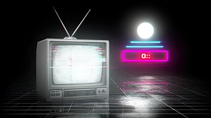Retro TV with a glitch effect and countdown timer in neon pink and blue