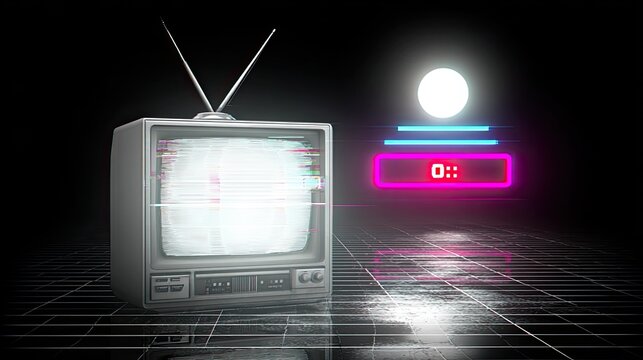 Retro TV with a glitch effect and countdown timer in neon pink and blue - Powered by Adobe
