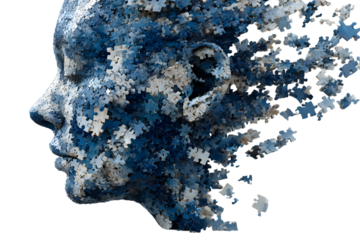 Human head profile made of chaotic blue jigsaw puzzl. Concept of cognitive psyhology or psychotherapy, prsonality disorder, brain roblem, mental health. PNGisolated on transparent bakground.
