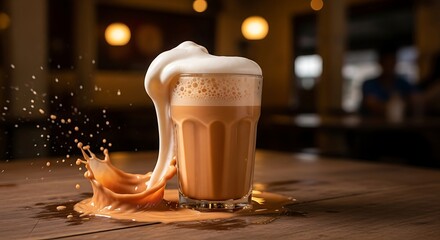 A glass of frothy milk tea spills over onto a wooden table, creating a splash with blurred background.
