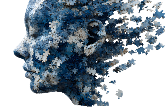 Human head profile made of chaotic blue jigsaw puzzl. Concept of cognitive psyhology or psychotherapy, prsonality disorder, brain roblem, mental health. PNGisolated on transparent bakground.