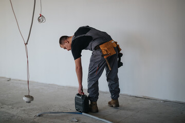 A construction worker bends down to organize tools in a partially renovated interior space,...