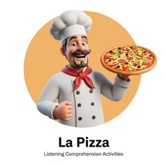 A cheerful Italian pizza chef in a cartoon uniform and hat holds a delicious, gourmet pizza fresh from the kitchen