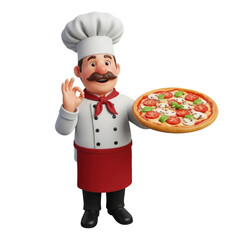 A happy Italian chef in a cartoon vector illustration holds a fresh gourmet pizza