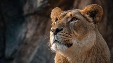 Obraz premium Close up portrait of a lioness looking upwards with a rocky background
