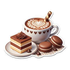 Decadent Delight: A captivating composition featuring a rich cup of latte art, perfectly paired with delectable macarons and an elegant pastry.