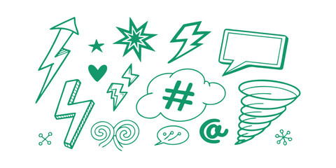 Collection of hand drawn doodle icons including lightning bolts speech bubble tornado and hashtag isolated on transparent background silhouette