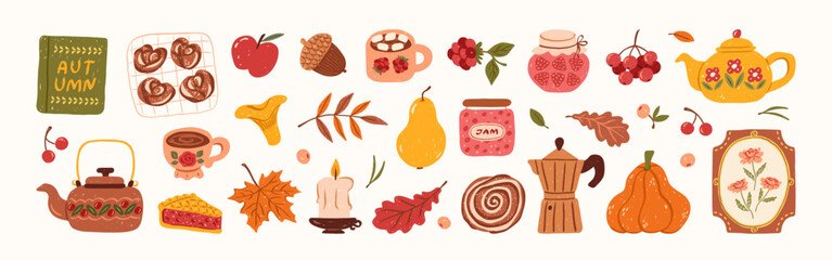 Autumn cozy elements set. Cute fall icons. Hand drawn doodle pumpkin, teapot, candle, mug, apple, pie, vintage frame with flowers, cinnamon bun, jam, fall leaves. Vector flat illustration.