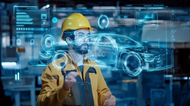 Professional engineer manipulates transparent holographic display revealing automotive wireframe model. Advanced technological workspace showcasing interactive digital projection - Powered by Adobe