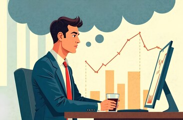 Illustration of a young businessman at his desk. Making decisions in an economic crisis