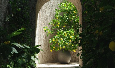 Sunlight through archway, lemon tree