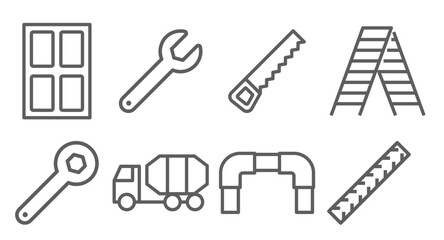 Flat vector icons of construction tools: trowel, brick hammer, masonry chisel, concrete float, rebar cutter, framing square, chalk line, construction pencil.
