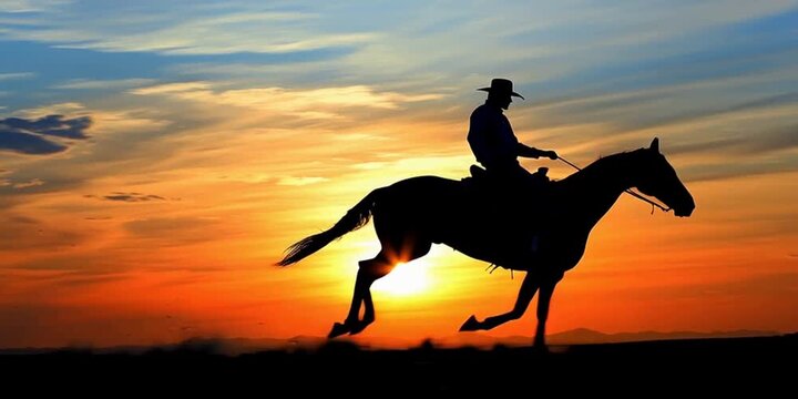 Cowboy silhouette on horseback in desert at sunrise