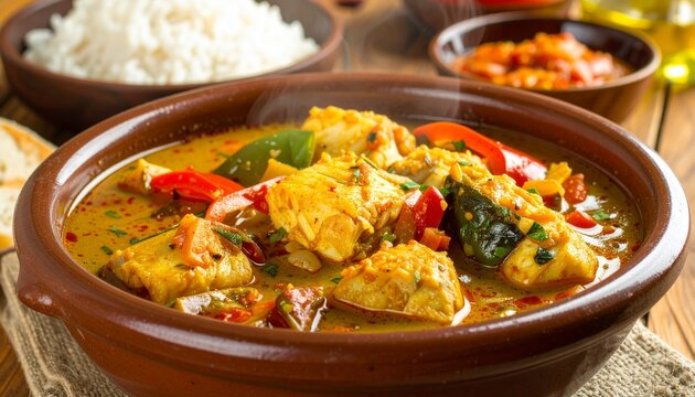 Authentic moqueca fish curry dish with rice and vegetable relish on a wooden table top