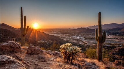 Beautiful sunset with tall saguaro cactus and cholla cactus overlooking wide Sonoran Desert valley landscape, golden sky colors and mountains with Scottsdale Arizona city visible in the distance