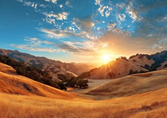 Golden hills bathed in sunset light