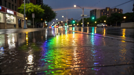 Naklejka premium Colorful reflections on wet city street during rainy night with bright urban lights glowing brightly