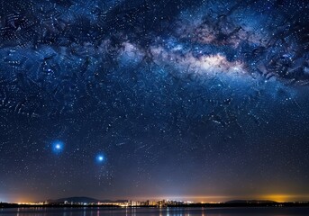 Fototapeta premium Night sky with the milky way over a city reflected in calm water body
