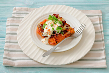 sweet potato casserole with bacon, cheese, onion