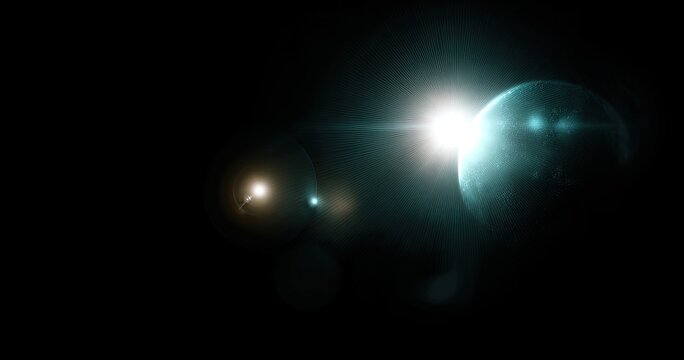 Two luminous celestial bodies in a dark void, lens flares
