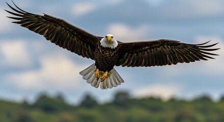 Fototapeta premium Majestic Bald Eagle in Flight, Wings Spread Wide, Direct Gaze