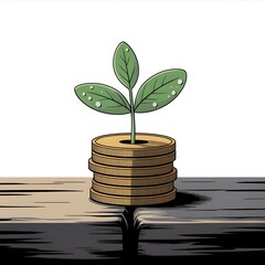 A small plant sprouts from a stack of coins, symbolizing financial growth.