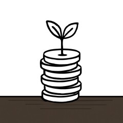 A simple black and white illustration of a plant sprout growing from a stack of coins, symbolizing financial growth and investment.