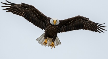 Obraz premium Majestic Bald Eagle in Flight, Wings Spread Wide, Intense Gaze