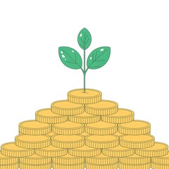 A small plant sprouts from a pyramid of gold coins, symbolizing financial growth.