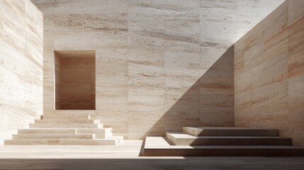 Geometric Stone Architecture With Harsh Sunlight And Empty Courtyard Creating Abstract Modern Scene Ideal For Backgrounds, Architectural Design, Urban Concepts Or Minimal Visual Storytelling Use