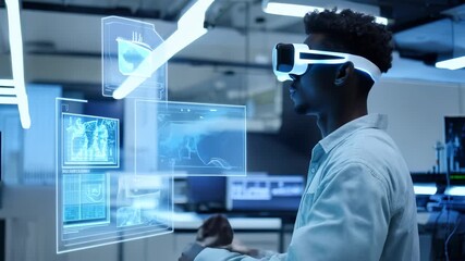 Young professional in white shirt wearing virtual reality headset interacts with holographic digital screens in high-tech laboratory. Multiple transparent interface panels display complex data - Powered by Adobe