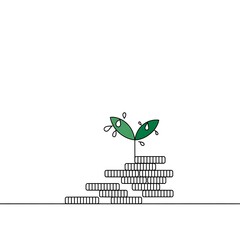 Green plant with water droplets growing from a rising pile of coins, illustrating financial growth and investment.