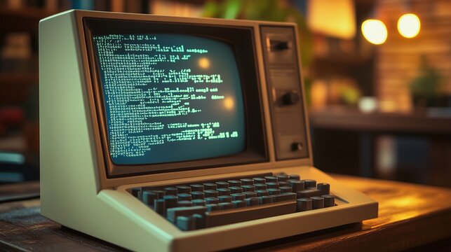 A vintage, retro-style computer with green text on a dark screen and a keyboard.

