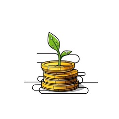Illustration of a plant sprouting from a stack of gold coins, representing financial growth.