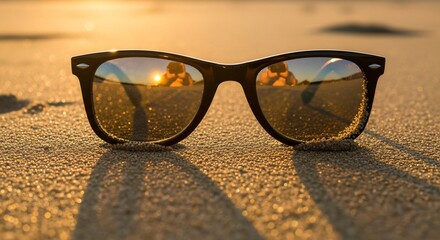 Sunglasses reflecting a golden sunset on sandy beach evoking summer vacation relaxation and travel perfect for lifestyle and leisure marketing content with warm colors 