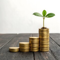 A young green plant sprouts from a stack of gold coins, symbolizing financial growth and investment success.