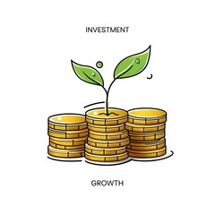 Illustrative depiction of financial investment concept, showing coins with growing plant, representing growth.