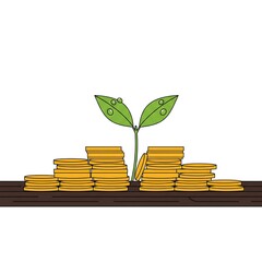 Illustration of a seedling sprouting between stacks of gold coins, symbolizing growth and investment.