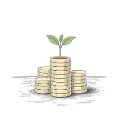 A stylized illustration of stacks of coins with a small plant growing from the top, representing financial growth.