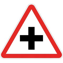 Fototapeta premium Road traffic warning sign indicating a crossroads or intersection ahead isolated on white background