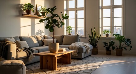 Sunlit living room with beige couch potted plants and natural wood furniture accents promoting peaceful indoor home environment warmth and comfort in interior decor and design