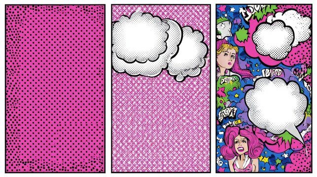 Three panels of pop art style graphic design.  Pink, textured backgrounds with speech bubbles and stylized figures